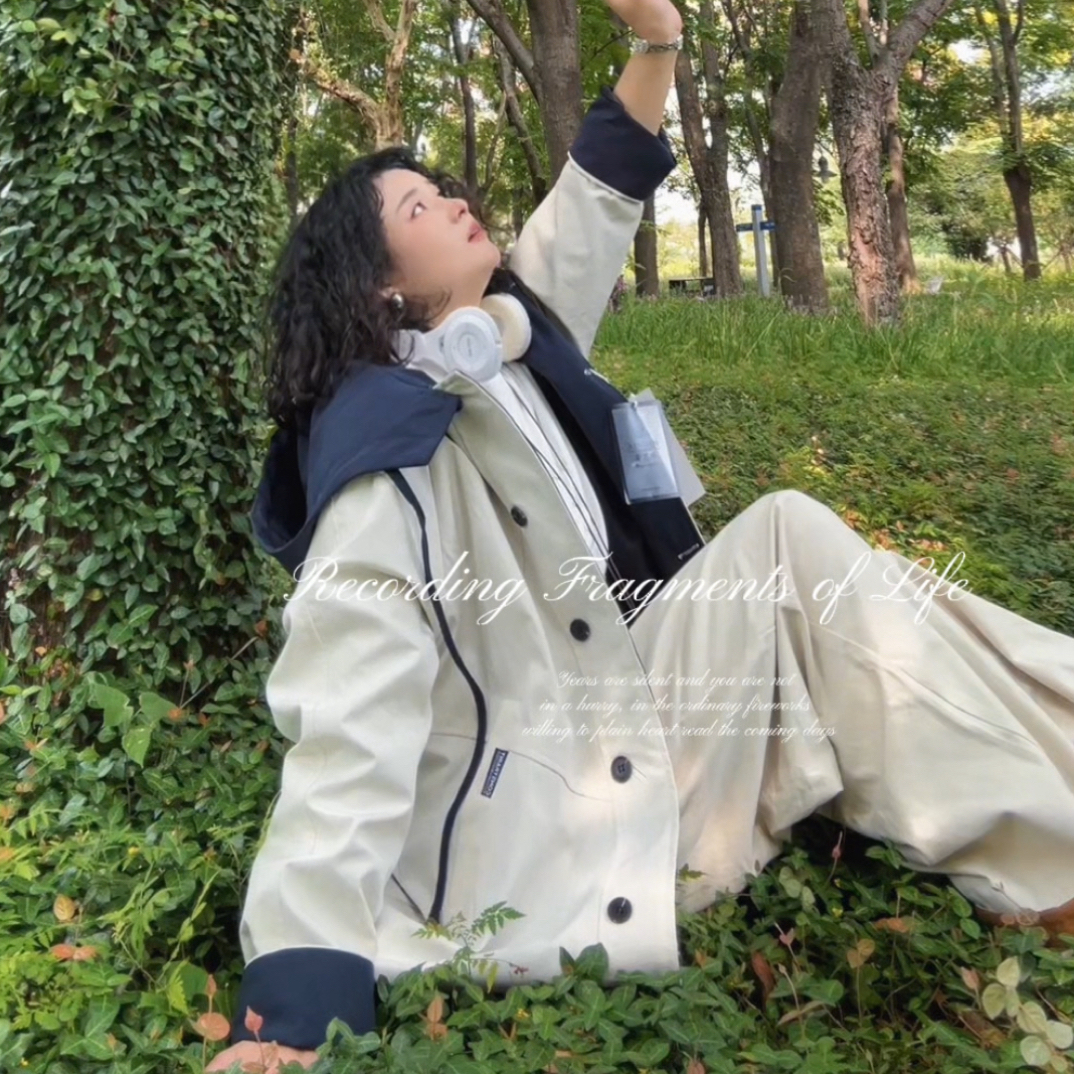 欧货高级感撞色风衣外套女中长款2025新款宽松显瘦遮肉胖mm大衣潮