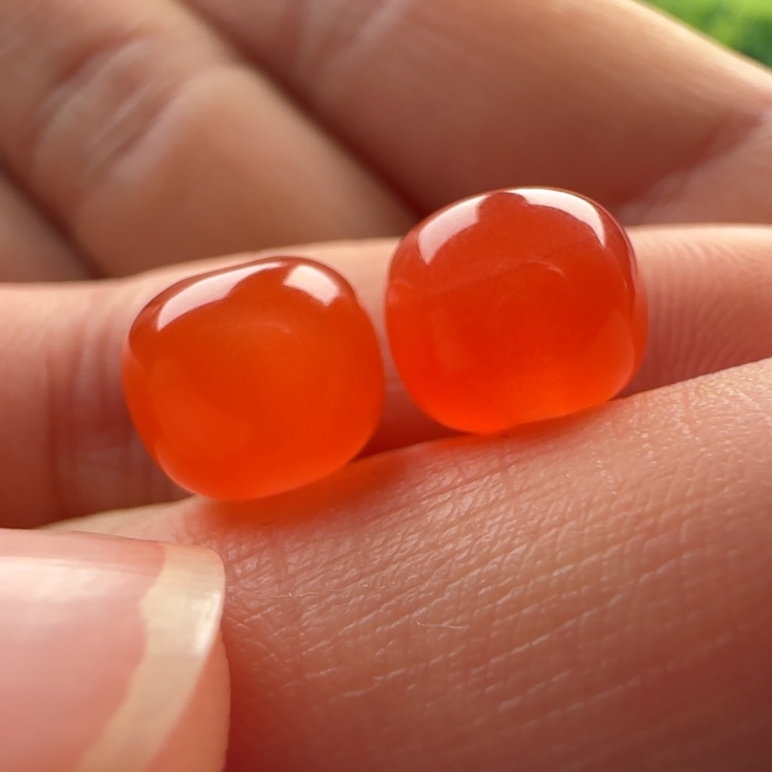 南红玛瑙未镶嵌老型对珠：9x8冰橘 橘亮满砂 有水线