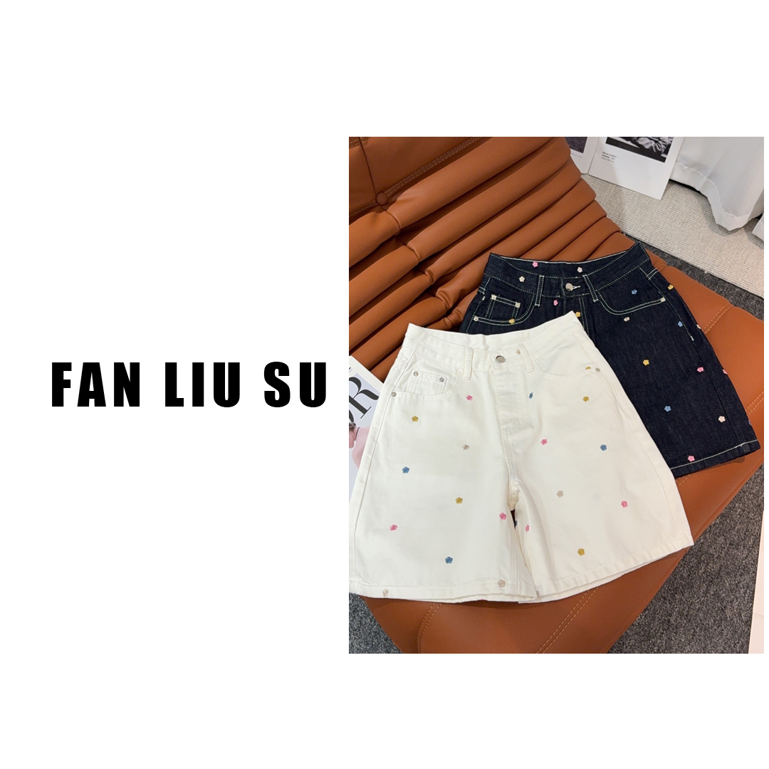 【FANLIUSU】刺绣美式牛仔裤阔腿裤短裤女士夏季2025新款百搭休闲裤