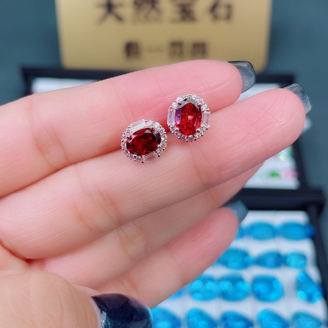 石榴石耳饰银S925镶嵌