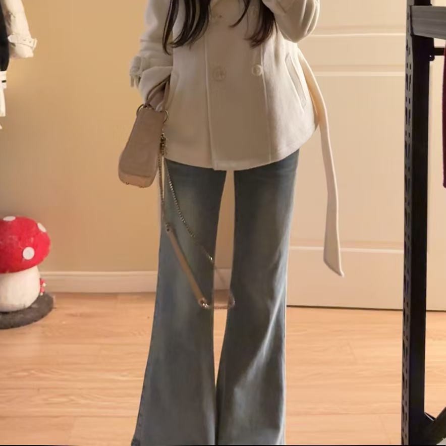 陈江铃小个子自制复古微喇叭牛仔裤显瘦设计感窄版直筒裤打底套装