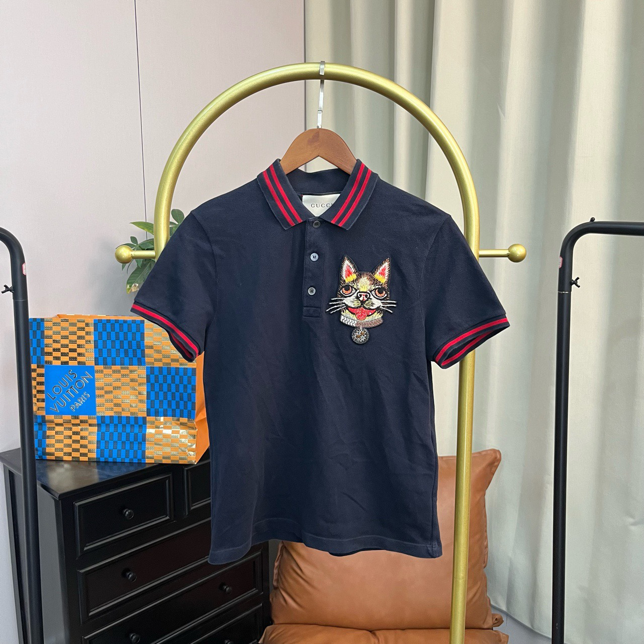 99新 GUCCI/古驰 黑色猫咪Polo领短袖 S码 99新