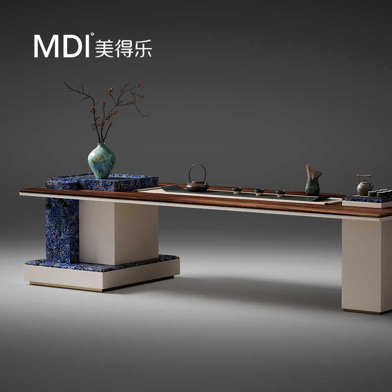 美得乐【新品】轻奢原木奢石黑胡桃木新中式豪宅别墅大茶台