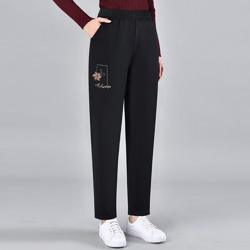 {春姐裤1}春秋款新款中老年女松紧腰裤子妈妈装绣花裤女式休闲裤