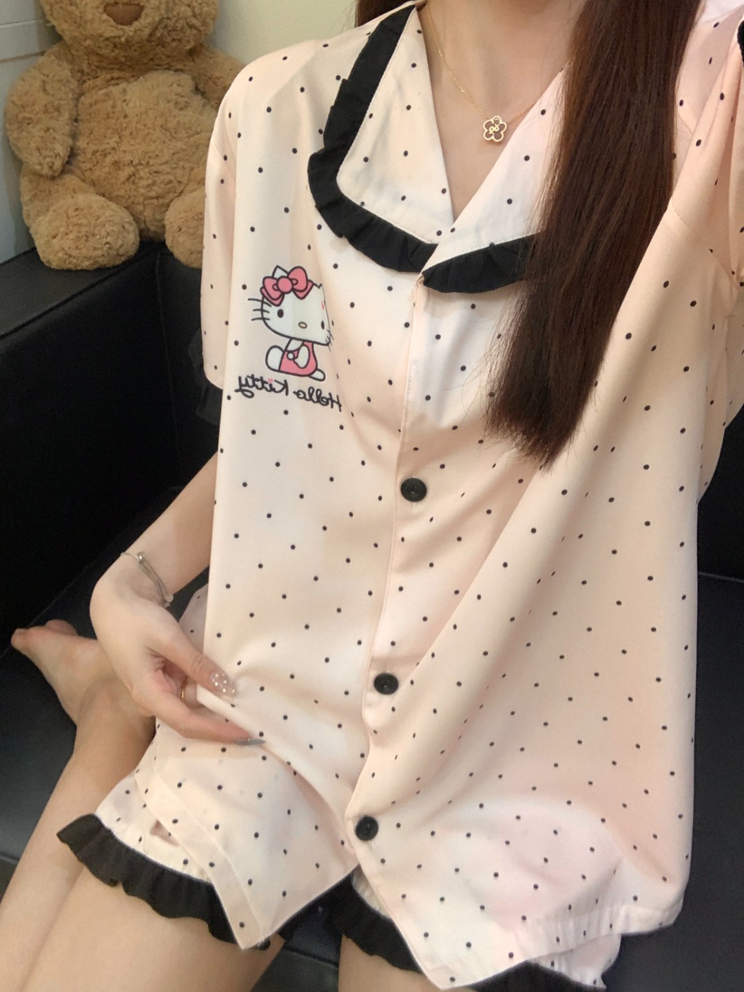 【花边Kitty两件套】新款时尚舒适软冰丝可外穿短袖短裤冰丝家居服