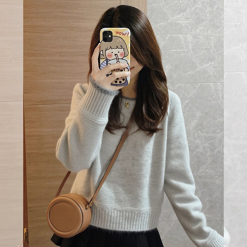 慵懒风灰色圆领休闲针织衫毛衣女2025冬季新款宽松百搭打底衫上衣