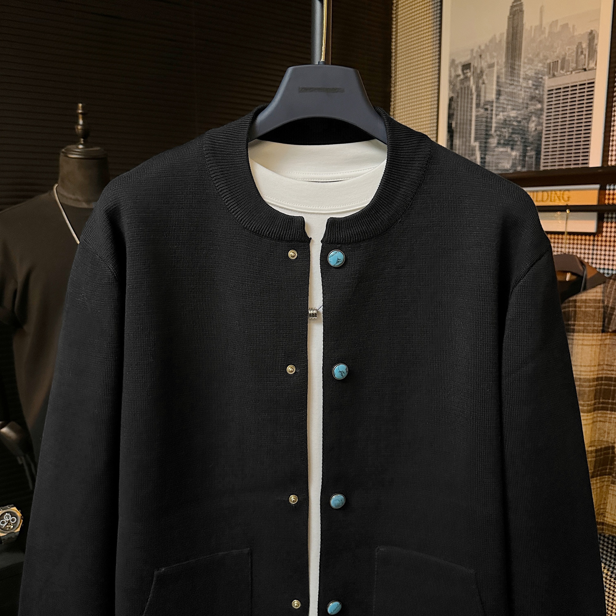 【CS188】秋季高定绿松石设计潮流百搭丝光棉纯色针织男女开衫外套