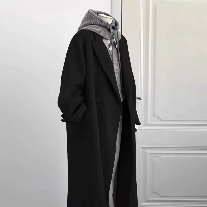 中长款毛呢外套苏力连身袖大衣百搭呢大衣黑色呢子