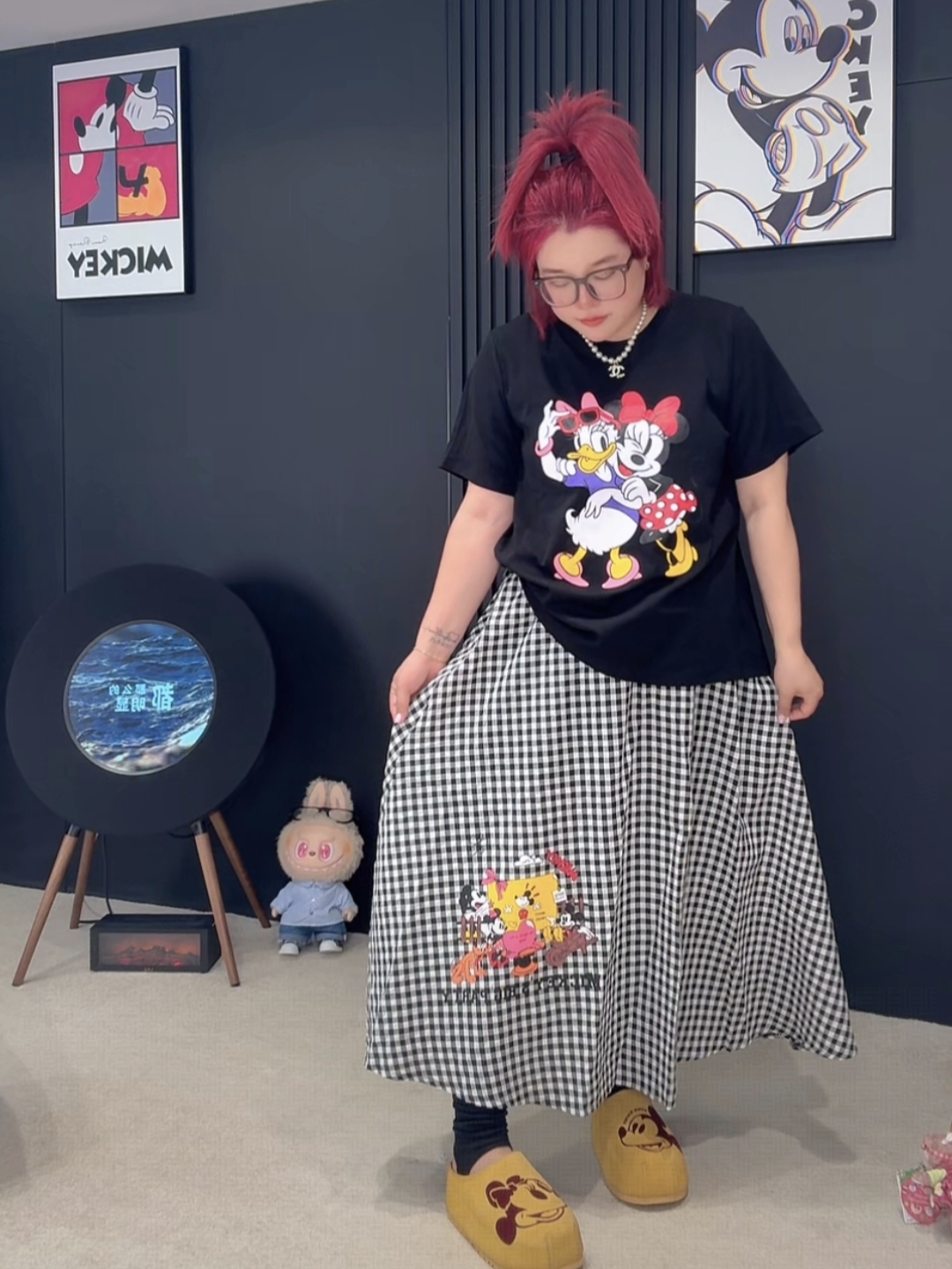 【涵涵家】夏季宽松显瘦减龄米奇印花短袖搭配格子半身裙套装#25146