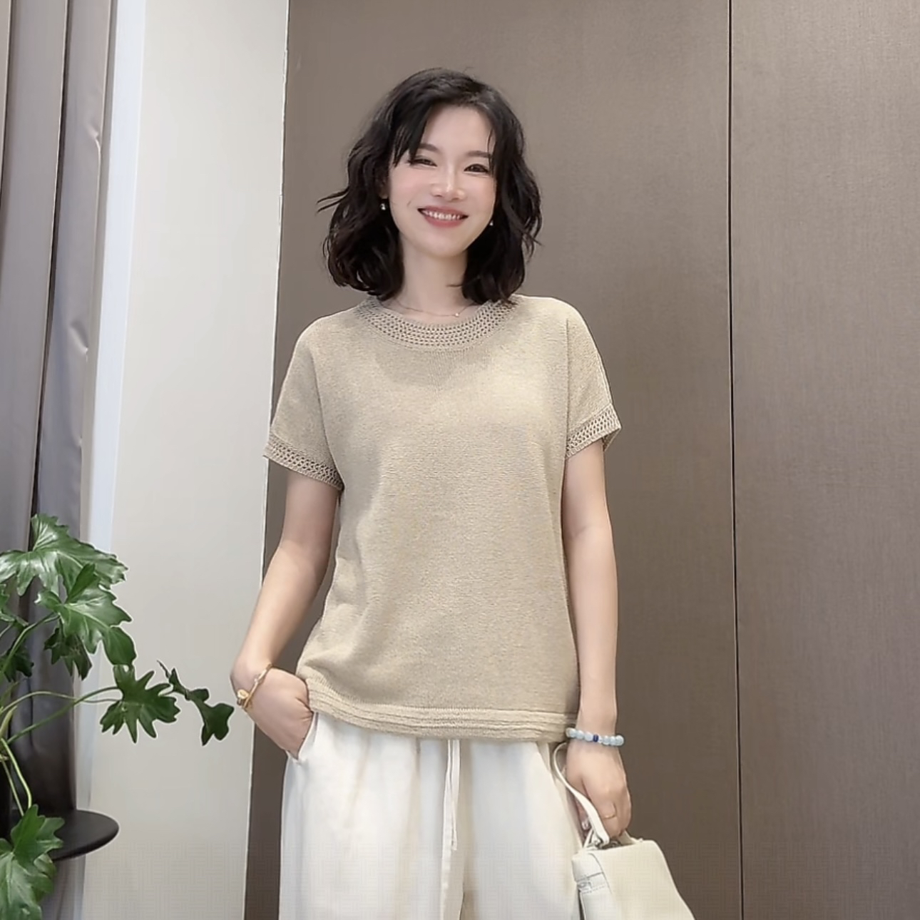 【老钱镂空短袖】夏季薄款汉麻针织短袖女装百搭镂空宽边圆领小衫