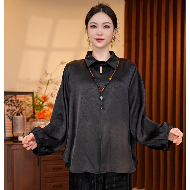 141/秋季纯色复古黑色百搭显瘦上衣衬衫不褪色长袖小衫