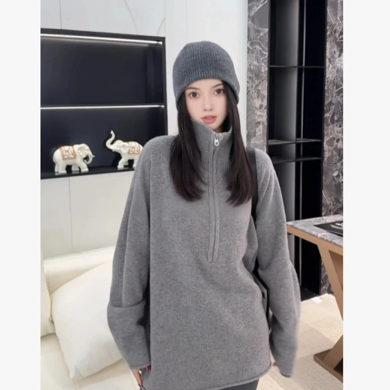 冬季加厚保暖针织衫立领大版中长款毛衣洋气时尚宽松显瘦针织衫女