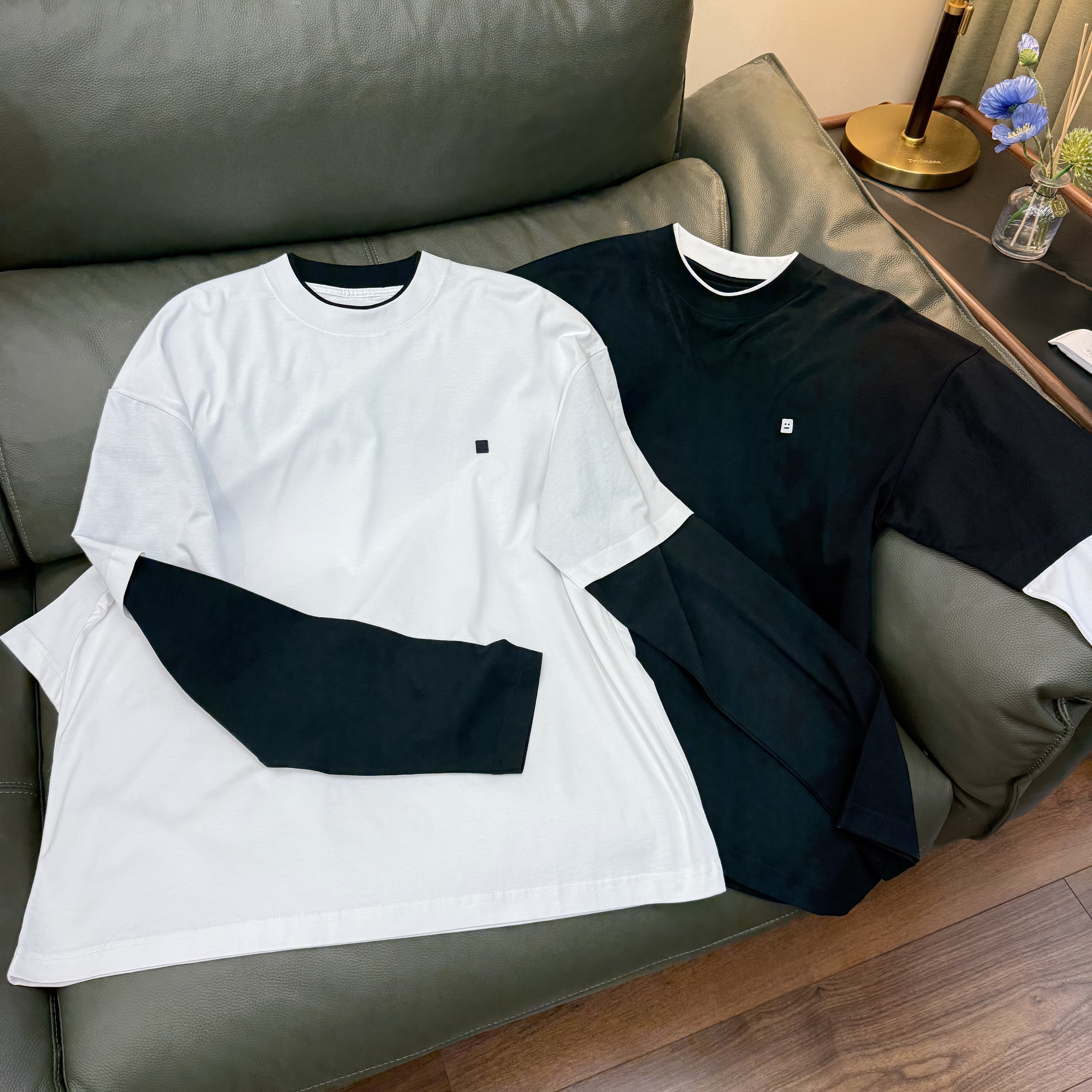 宽松【笑脸丝光棉假两件长袖】男女同款D28287