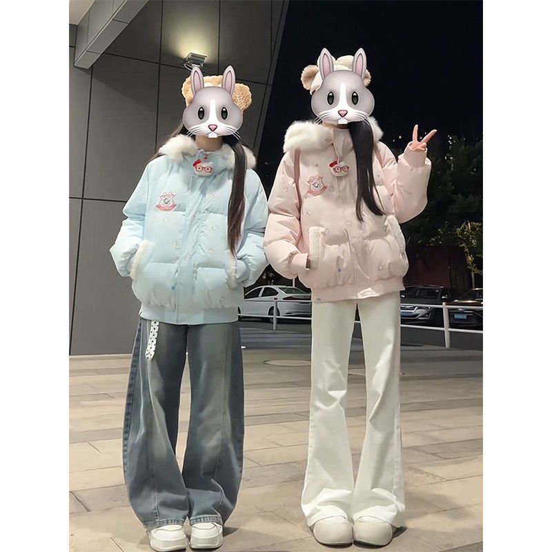 【带挂件】满印可爱小雪人毛领连帽棉服女冬季小个子百搭保暖棉服