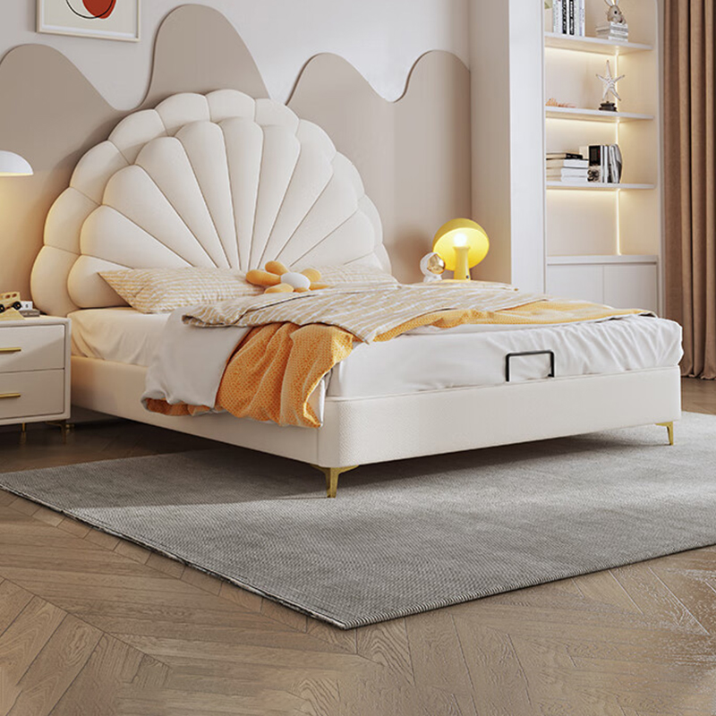 新款高级花瓣贝壳男孩儿童床皮床小户型储物床奶油风女孩公主床