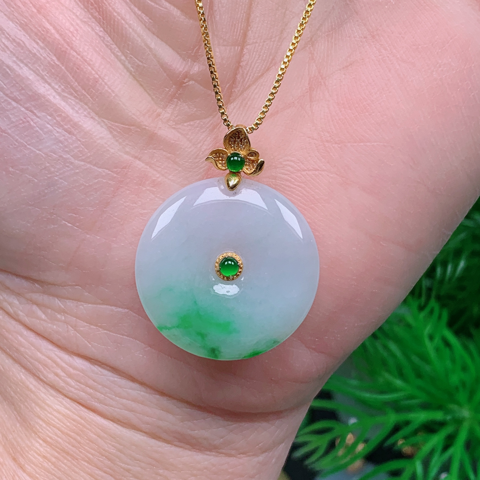 缅甸天然翡翠A货 18k金镶飘花平安扣吊坠9/1225尺寸23.4x4.3