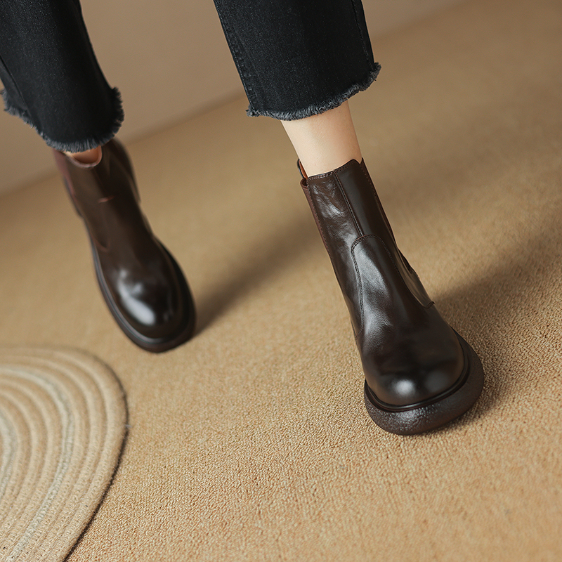 半坊手工女鞋|34-39|3.5cm|秋冬新款棕色复古真皮软面粗跟短靴女