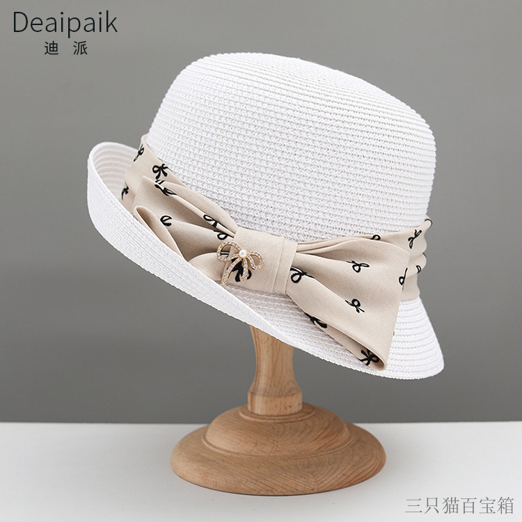夏季出游防晒遮阳帽子蝴蝶结织带气质草编盆帽前翘边度假防晒草帽
