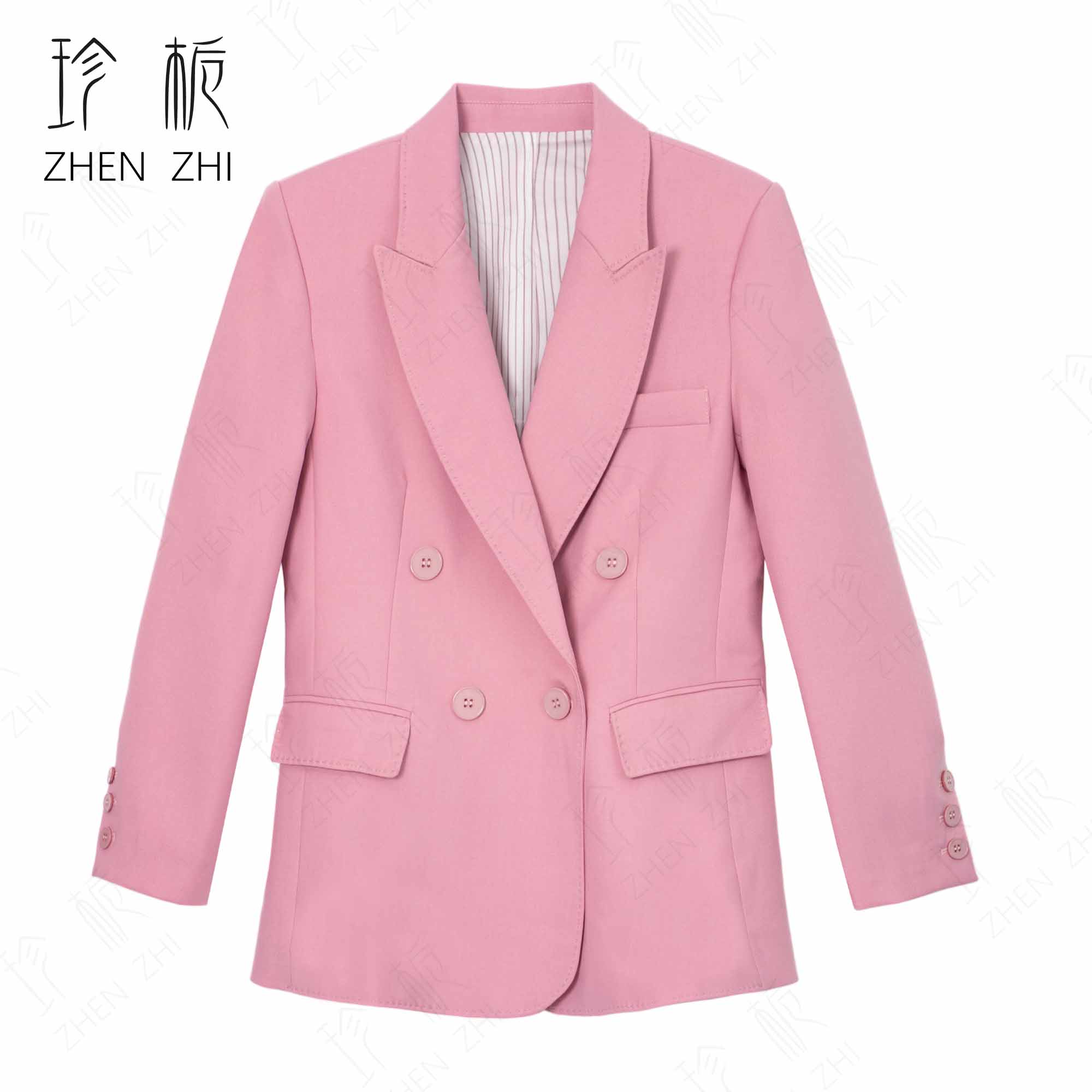 秋冬长袖纯粉色休闲百搭时尚女士双排扣显瘦秋季西装外套HN84053