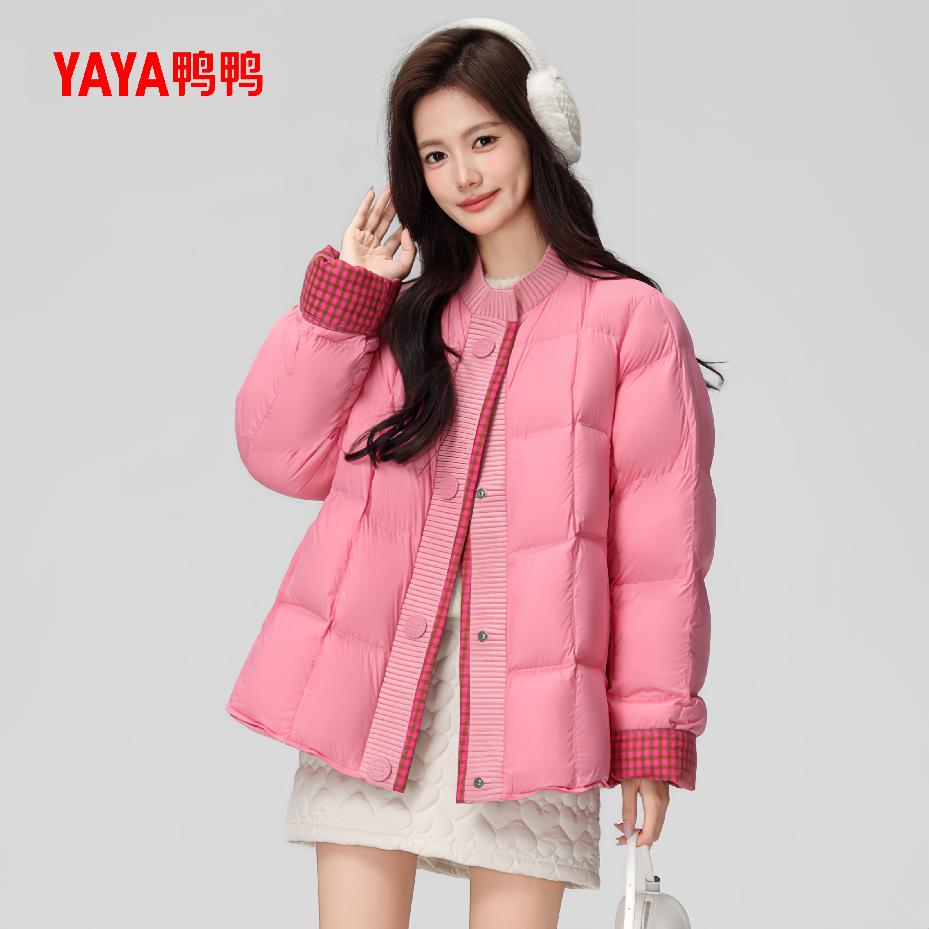 YAYA鸭鸭2025新款针织拼接泡芙宽松羽绒服冬季时尚百搭外套XH