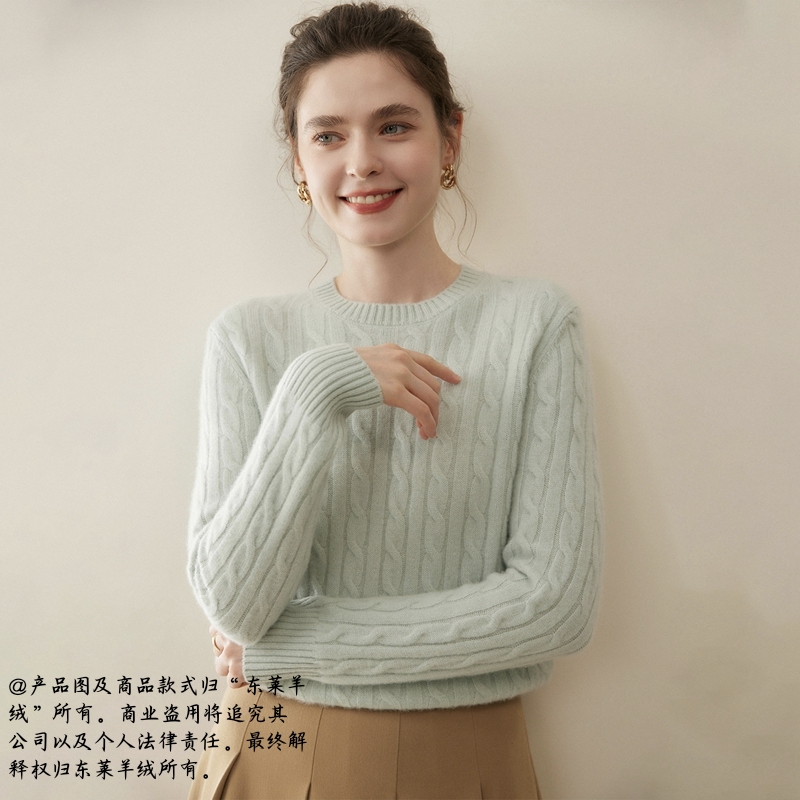 Y8723 女士100%山羊绒圆领小扭花针织衫七针加厚保暖舒适百搭外穿