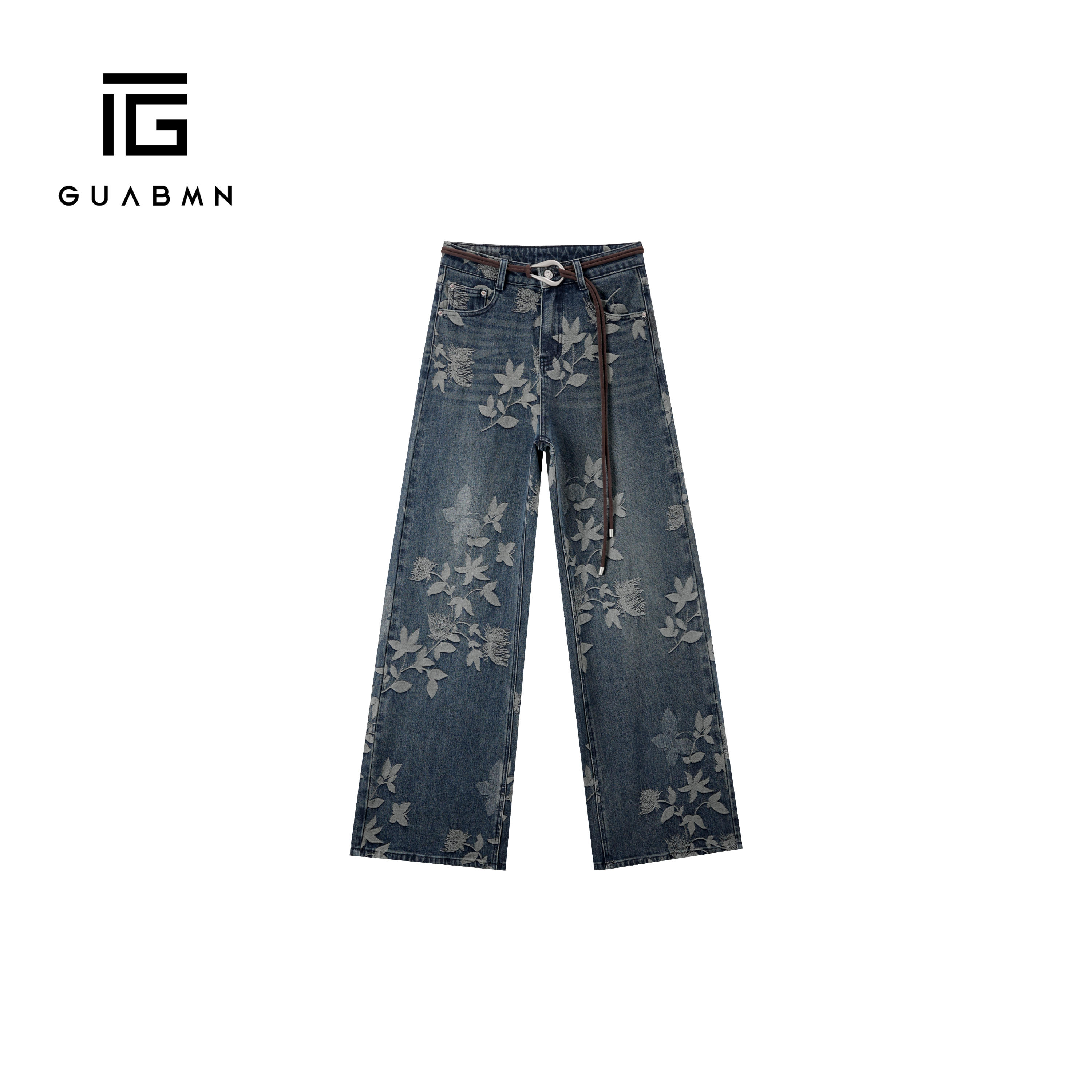 GUABMN2025秋季新款复古提花阔腿牛仔裤高腰宽松显瘦直筒裤5838