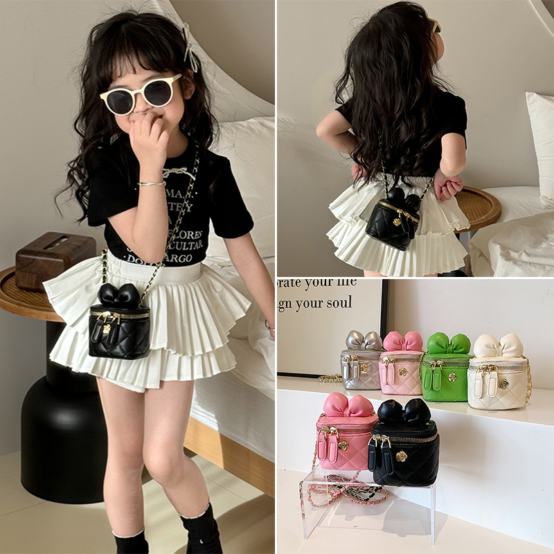 女童蝴蝶结斜挎包洋气小女孩菱格小方包宝宝公主配饰链条零钱包包