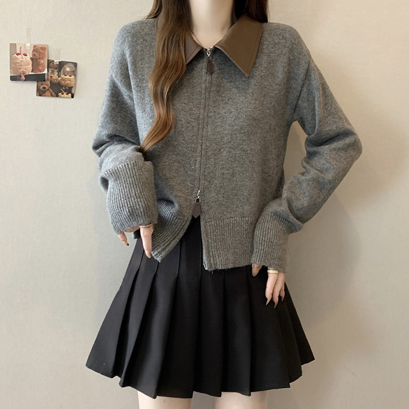 2025秋装新款胖mm大码女时尚百搭针织拼皮翻领开衫长袖上衣71748