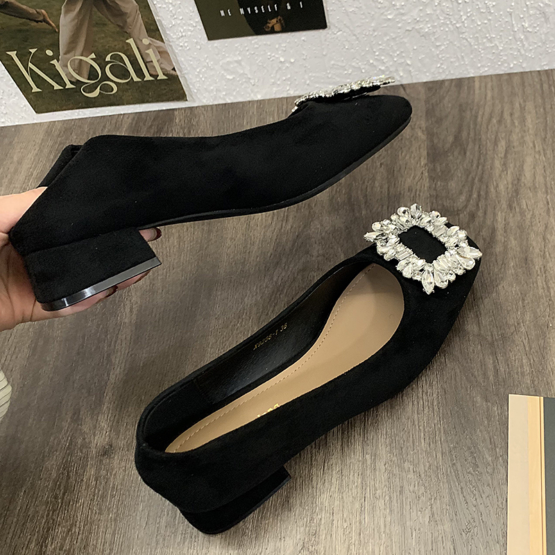 黑色方头单鞋气质磨砂绒面粗跟女鞋新款百搭水钻韩版浅口低跟鞋女