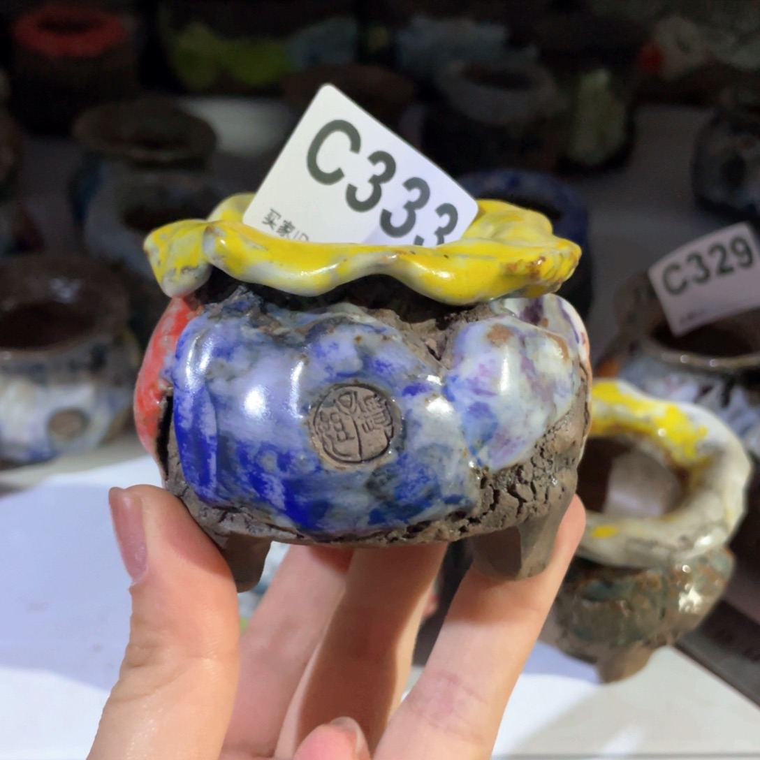 紫砂花盆孤品不规则  油画山石小地雷 内口4