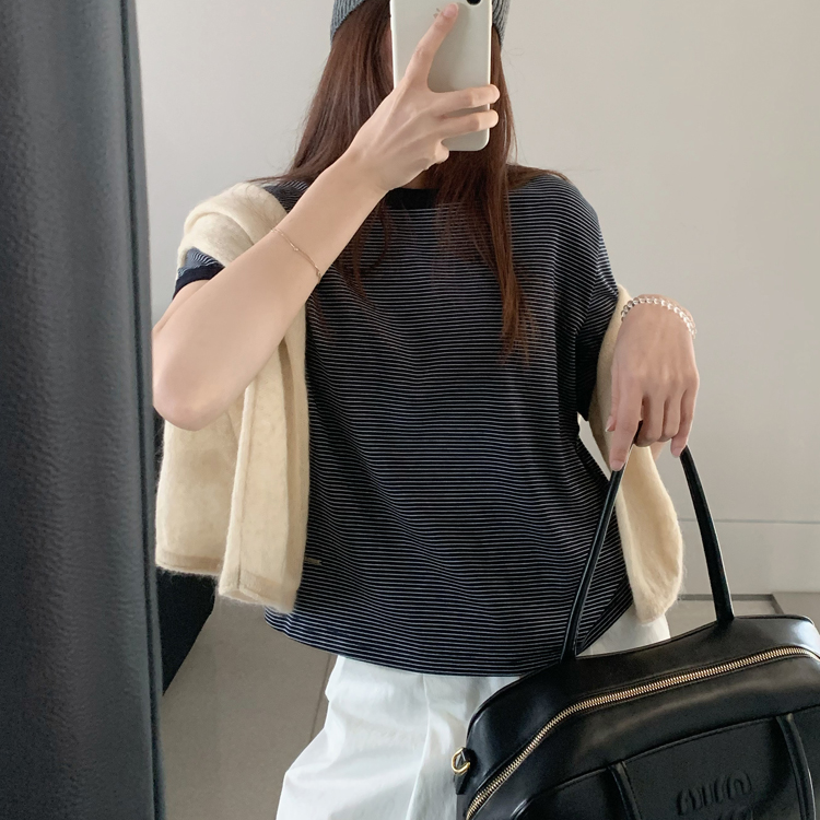 top.yuelan约澜961条纹T恤女2025早秋款圆领短袖正肩高弹上衣百搭