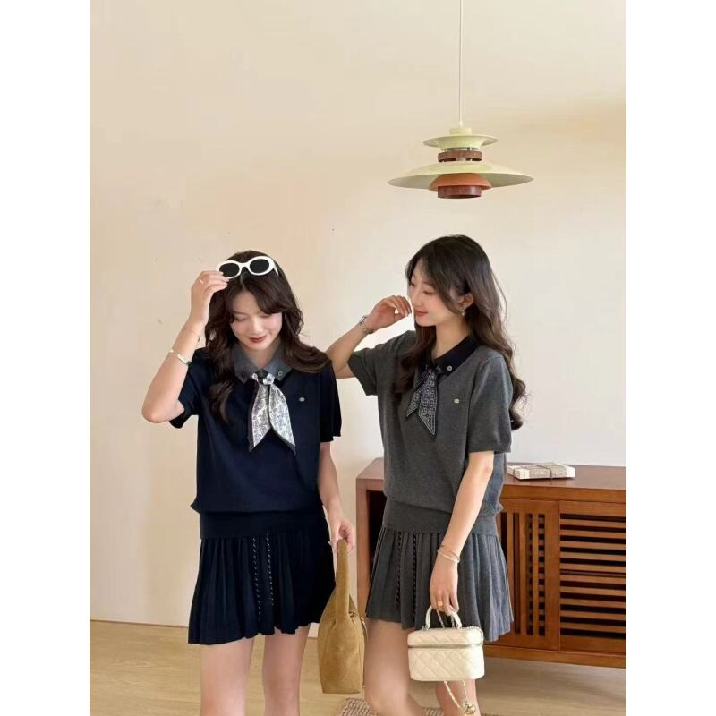 2025秋季新款韩式ins复古时尚百搭短袖针织衫+半身裙两件套3984