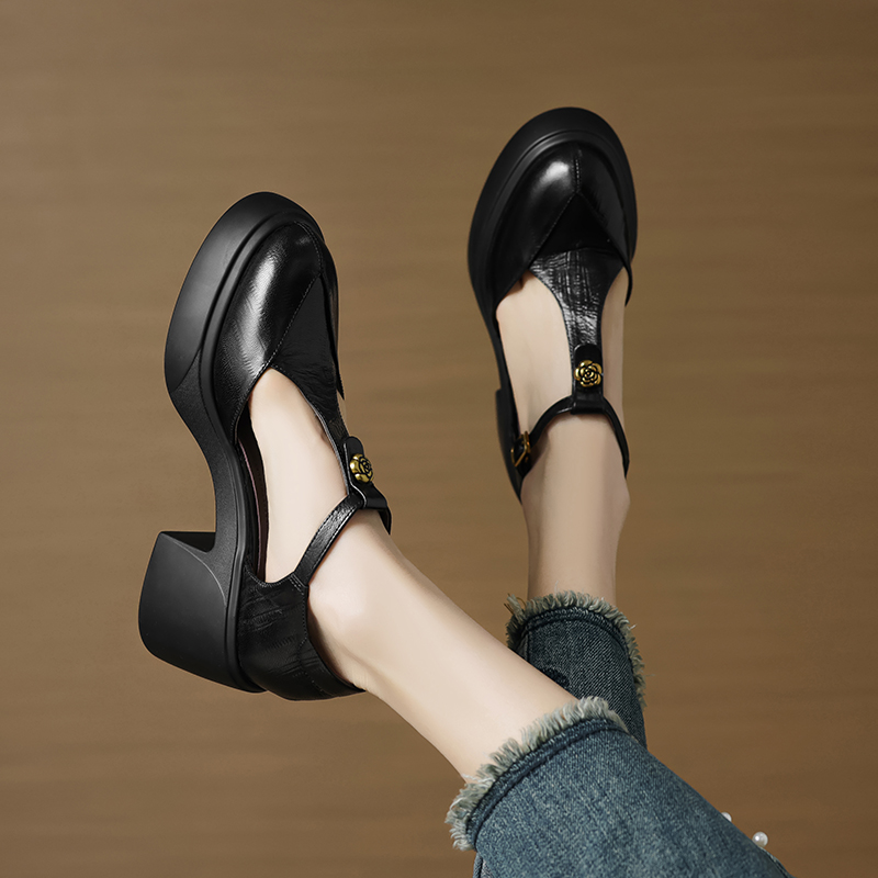 羊皮/7cm/百搭夏季外穿单鞋真皮粗跟厚底增高跟妈妈鞋圆头凉鞋