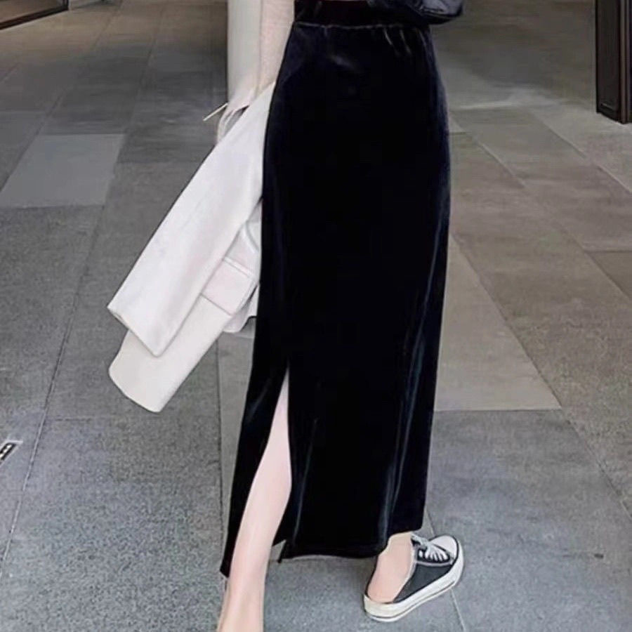 气质时尚显瘦百搭开叉包臀裙高腰女士半身裙复古黑色中长款半身裙