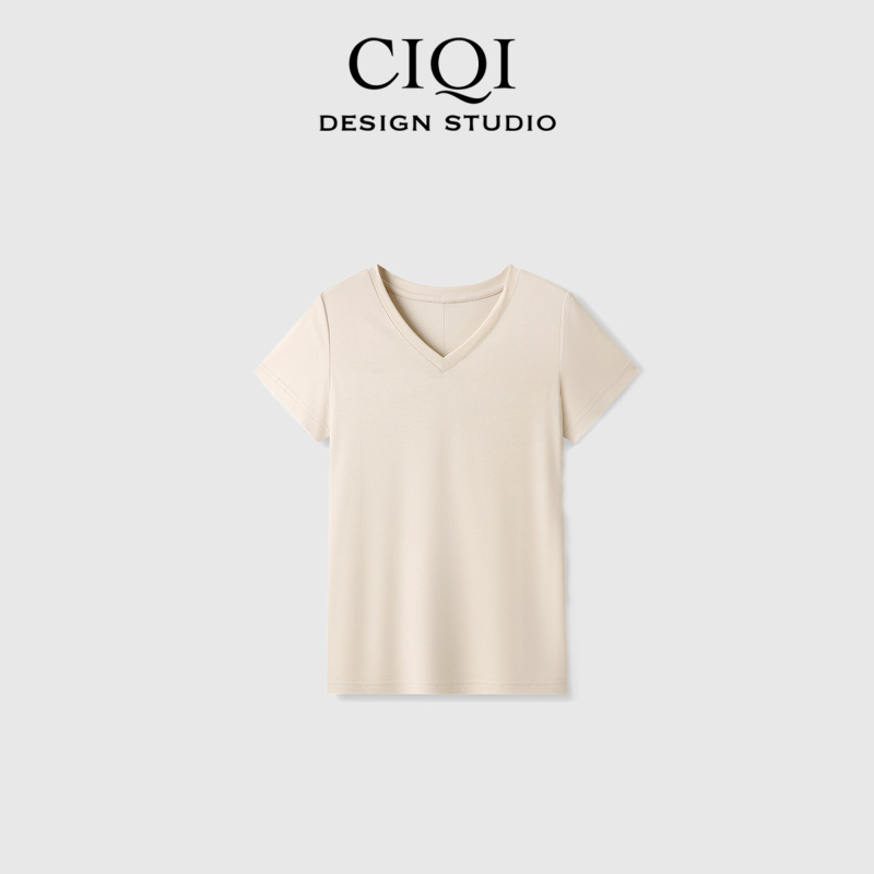 「婉如新生」美式小众设计感纯色V领短袖HC-1181