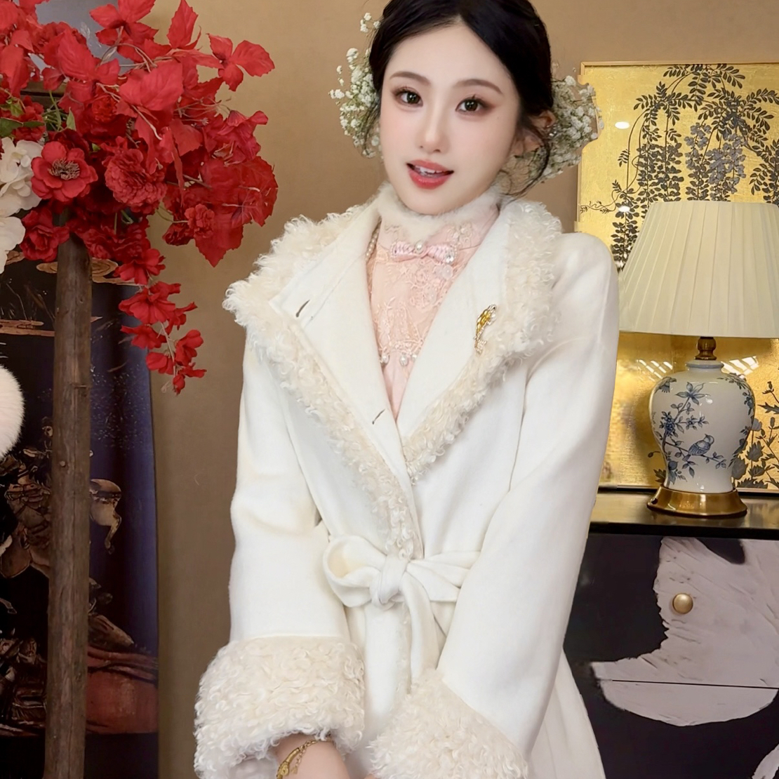 【媛珠 京洛佳人】重工贵气羊绒羊毛呢子大衣长款白色加厚轻奢秋冬