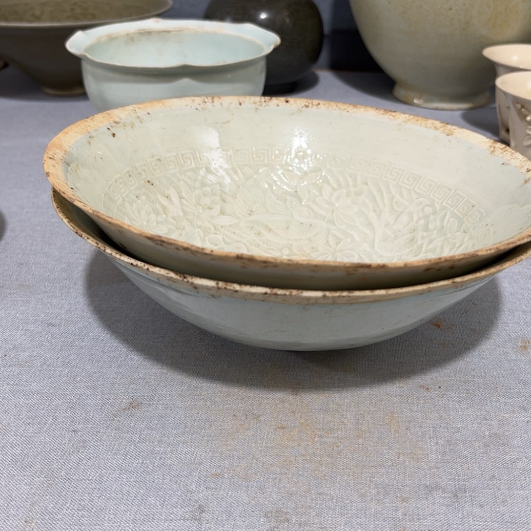***摆件陶影青的硬花大碗一对