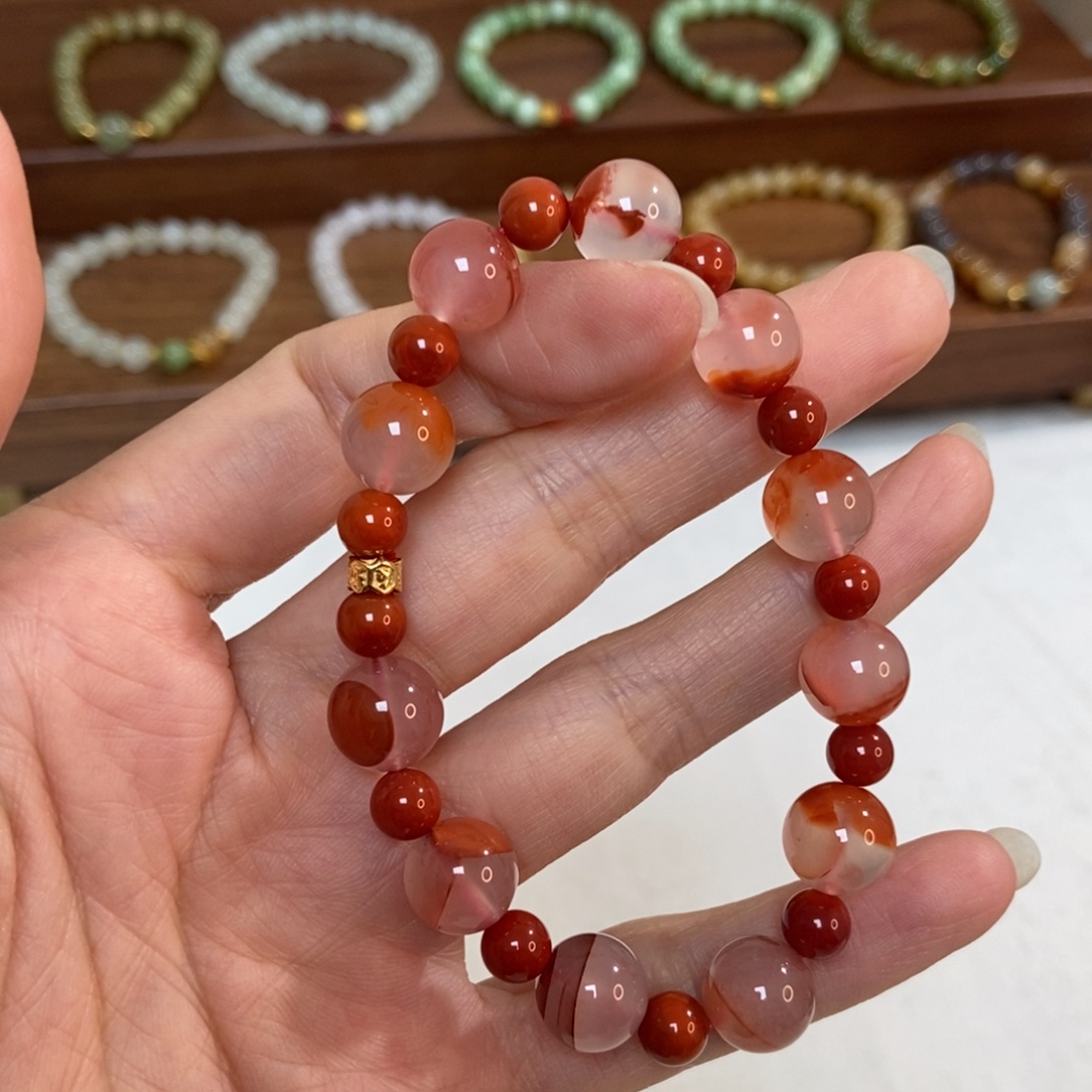 南红玛瑙银S925镶嵌手链福利10mm冰红微瑕