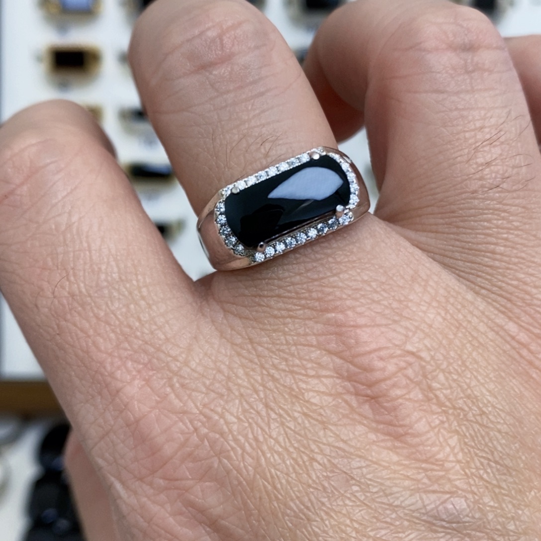 翡翠银S925镶嵌戒指墨翠戒指