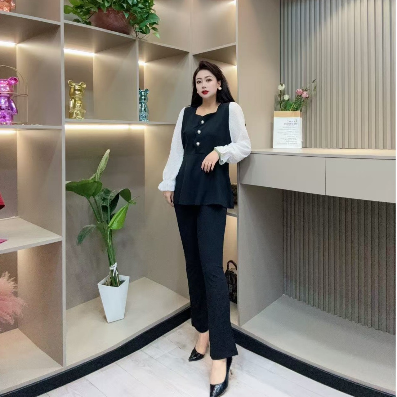 春季两件套-酷 3345时尚潮流波点袖拼接显瘦百搭胖MM大码女装新款