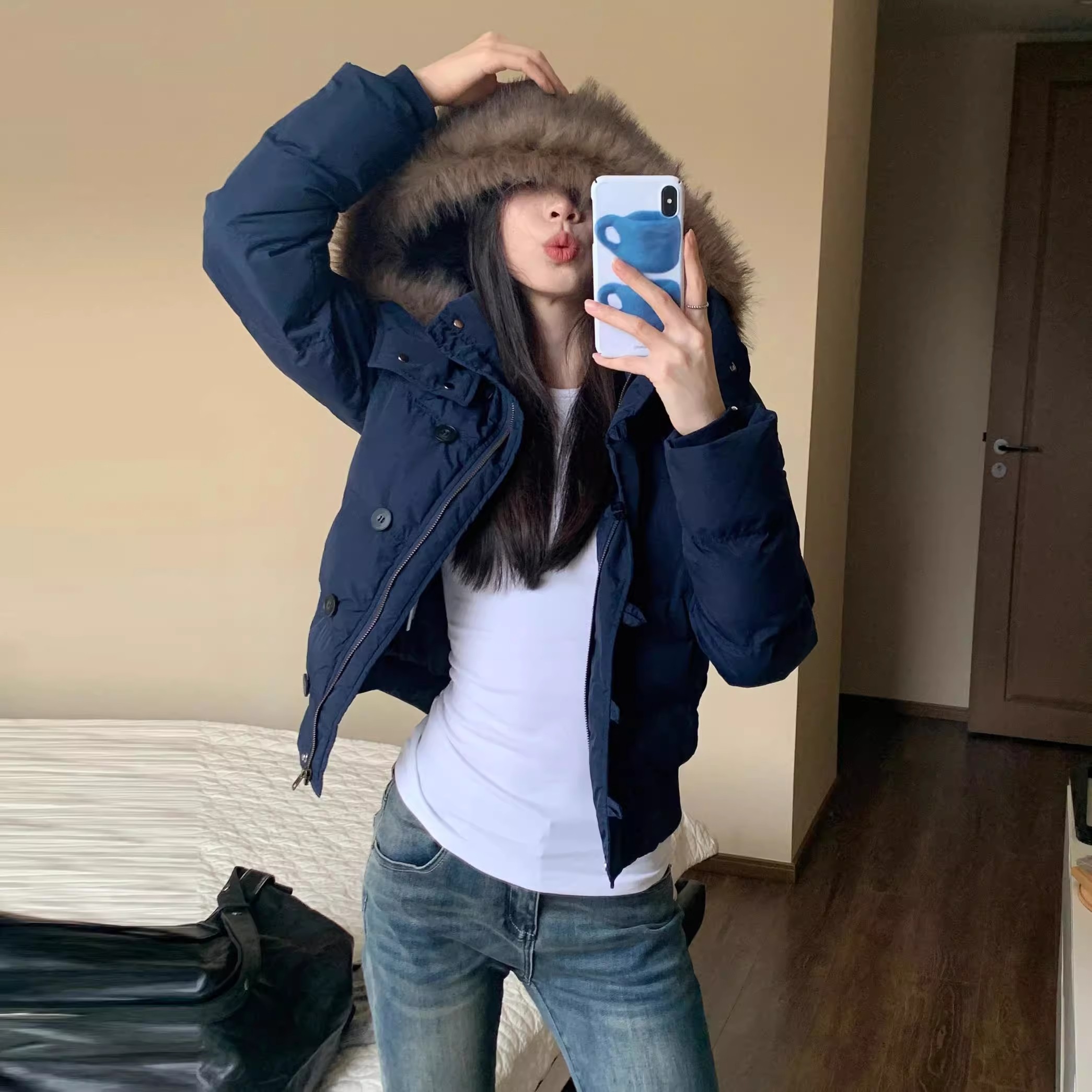 秋冬季百搭藏青色连帽毛领短款棉衣棉服棉袄女2025新款保暖外套