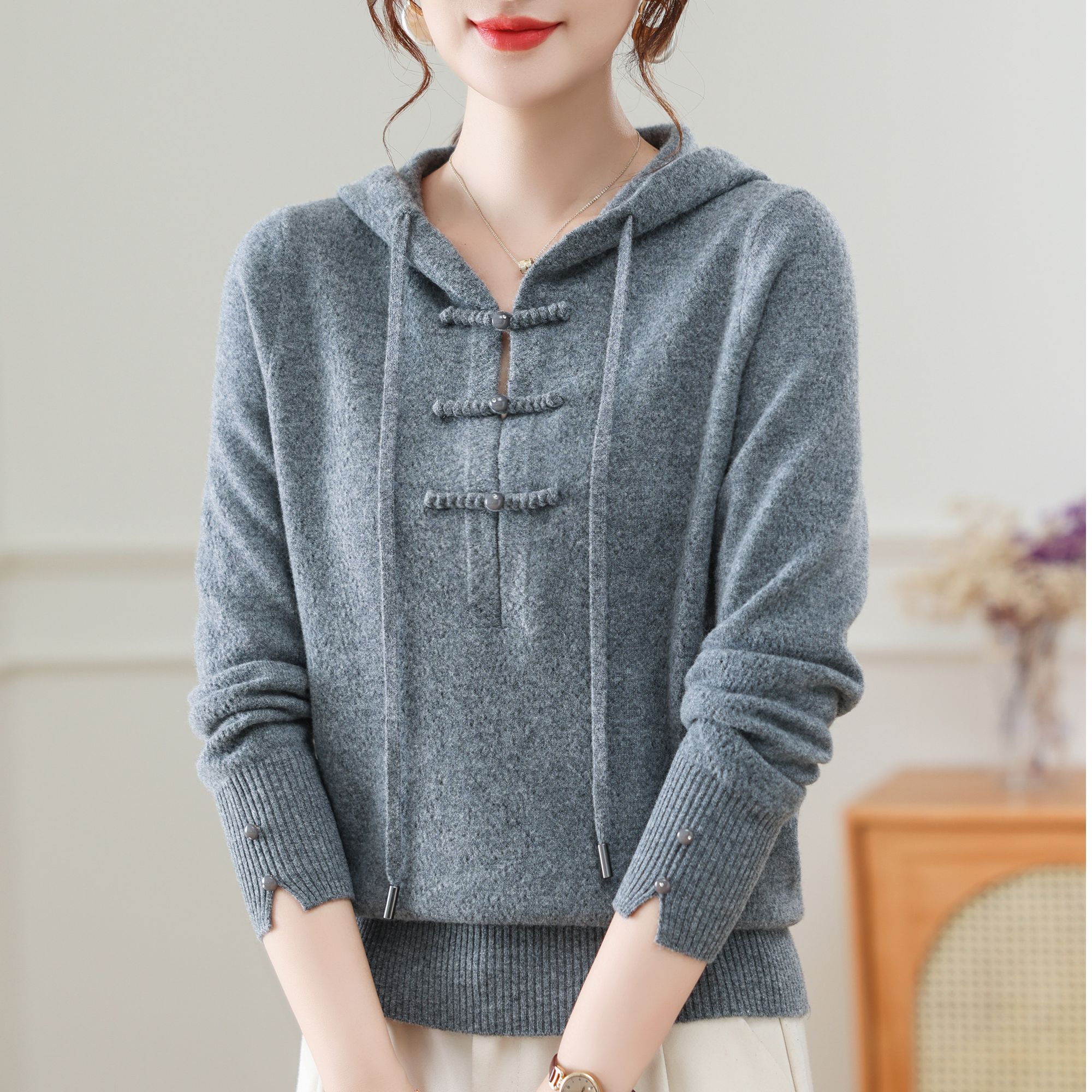 【马儿推荐】女士中式羊毛帽衫针织时尚百搭休闲针织衫