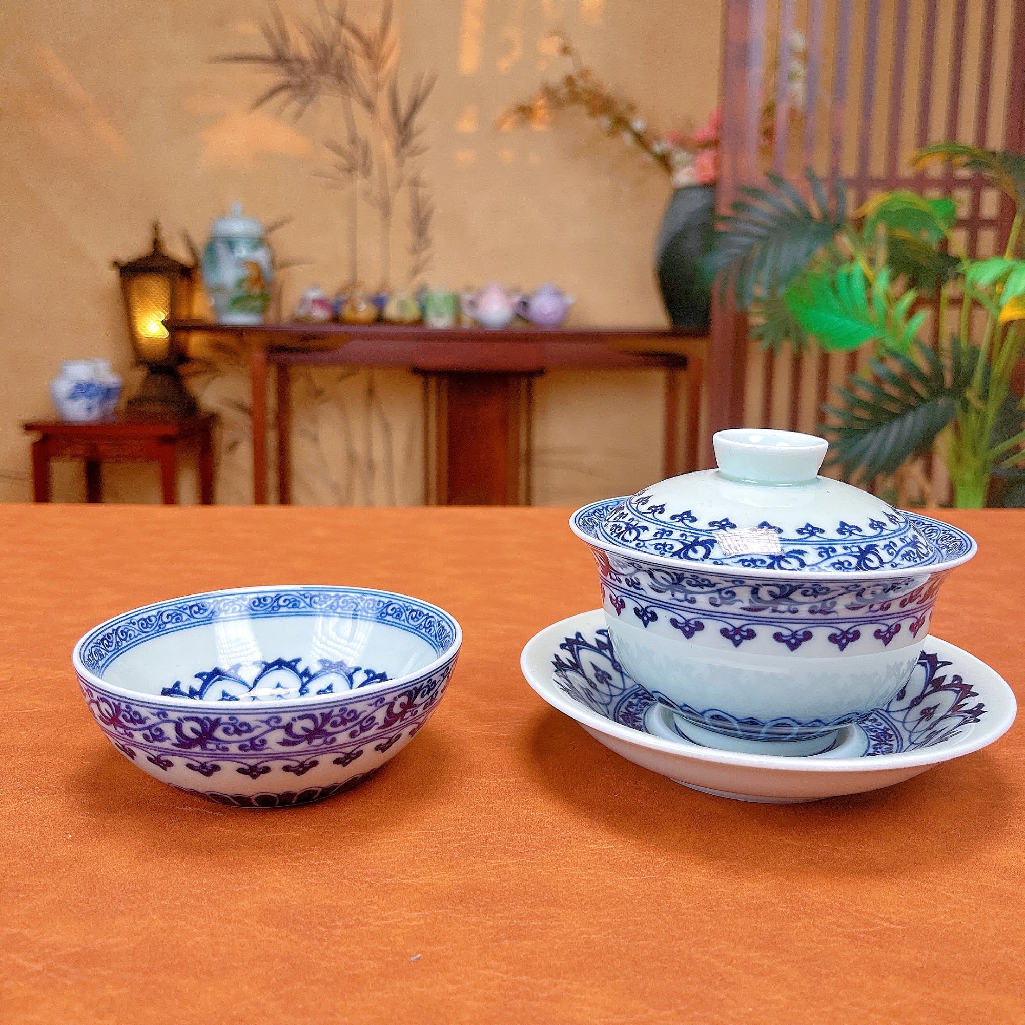 景德镇经典釉下青花宝相元宝盖碗宝相普洱杯