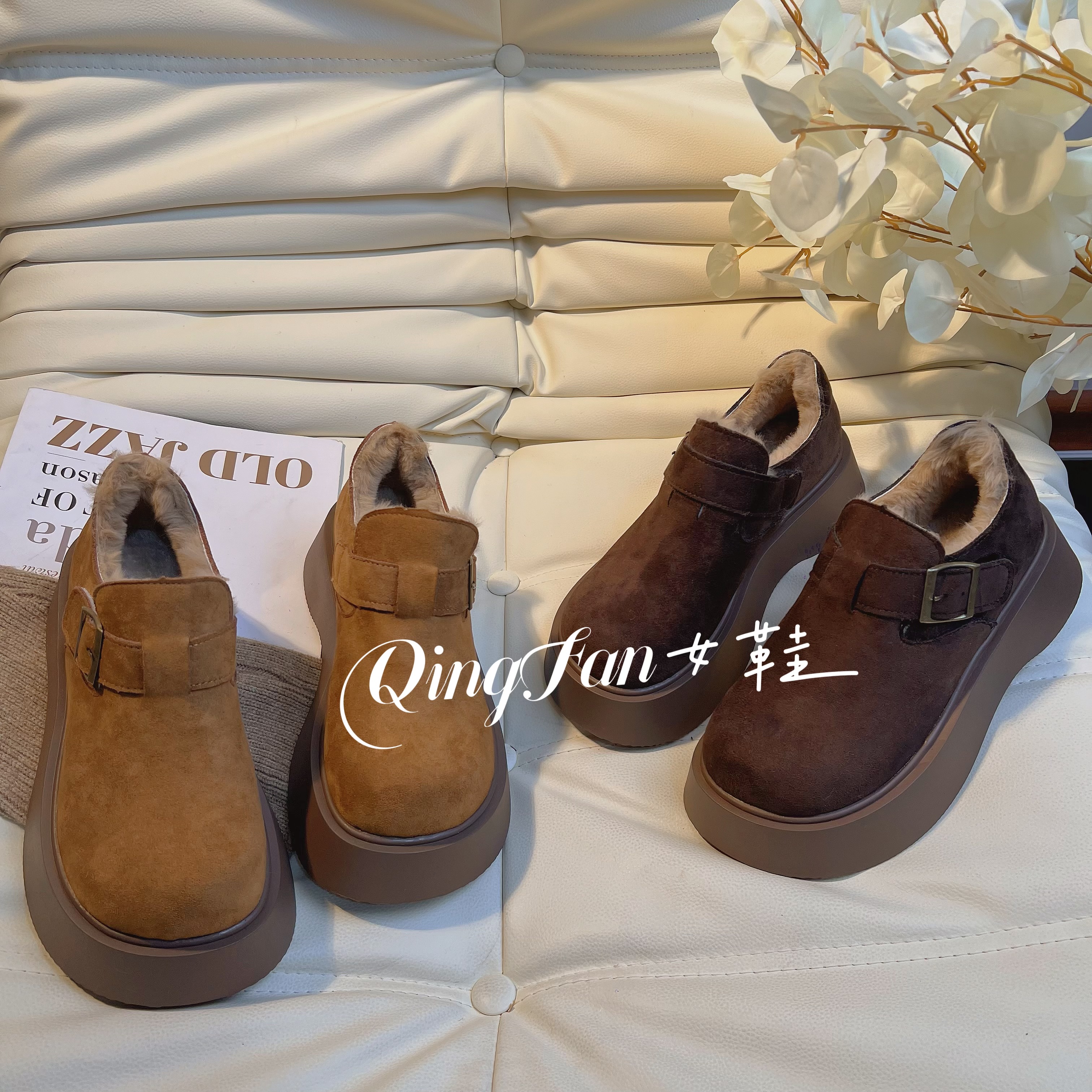 厚底勃肯鞋女2025年秋冬新款松糕小个子一脚蹬加绒保暖雪地靴棉鞋