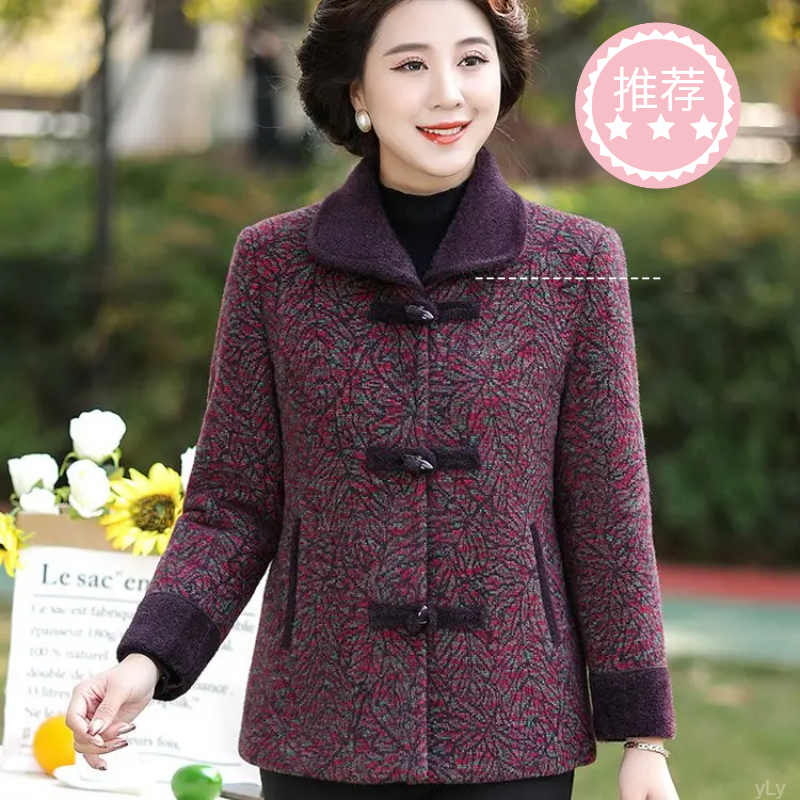 秋冬季中老年女装小个子加肥夹克显瘦奶奶时尚毛呢短外套上衣洋气