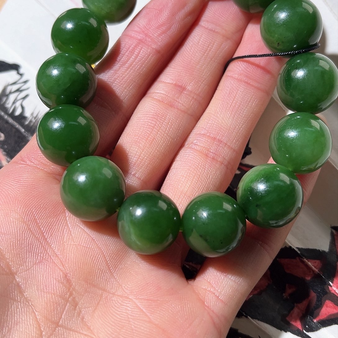 和田玉手串未镶嵌碧玉卡14圆珠手串