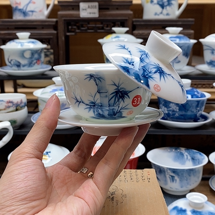 手绘咏竹盖碗150cc悬停釉下彩微瑕福利款