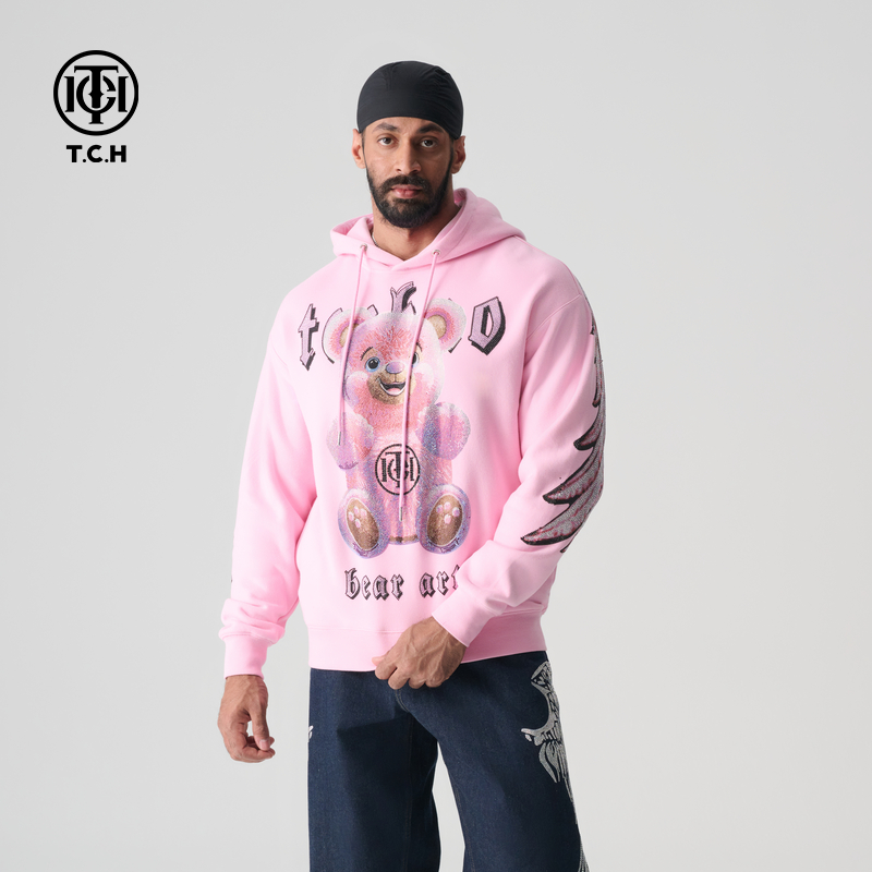 TCH轻奢早秋时尚慵懒风宽松烫钻粉色连帽卫衣帽衫系列T72A126011