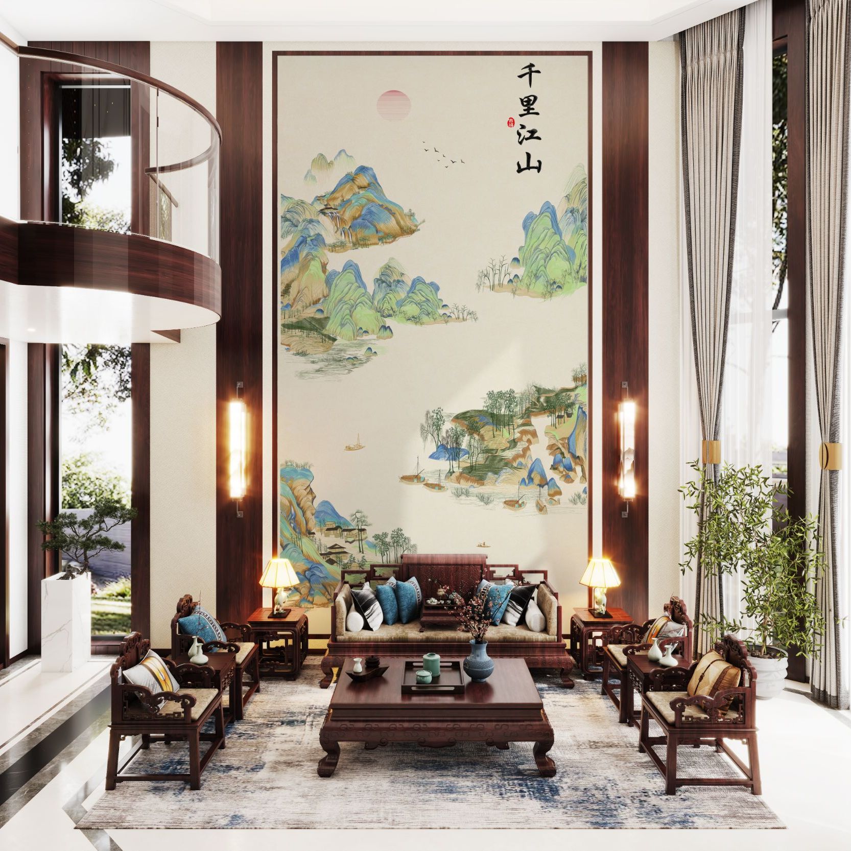 绣江南千里江山挑高大玄关刺绣壁布独绣中式沙发背景墙电视背景墙
