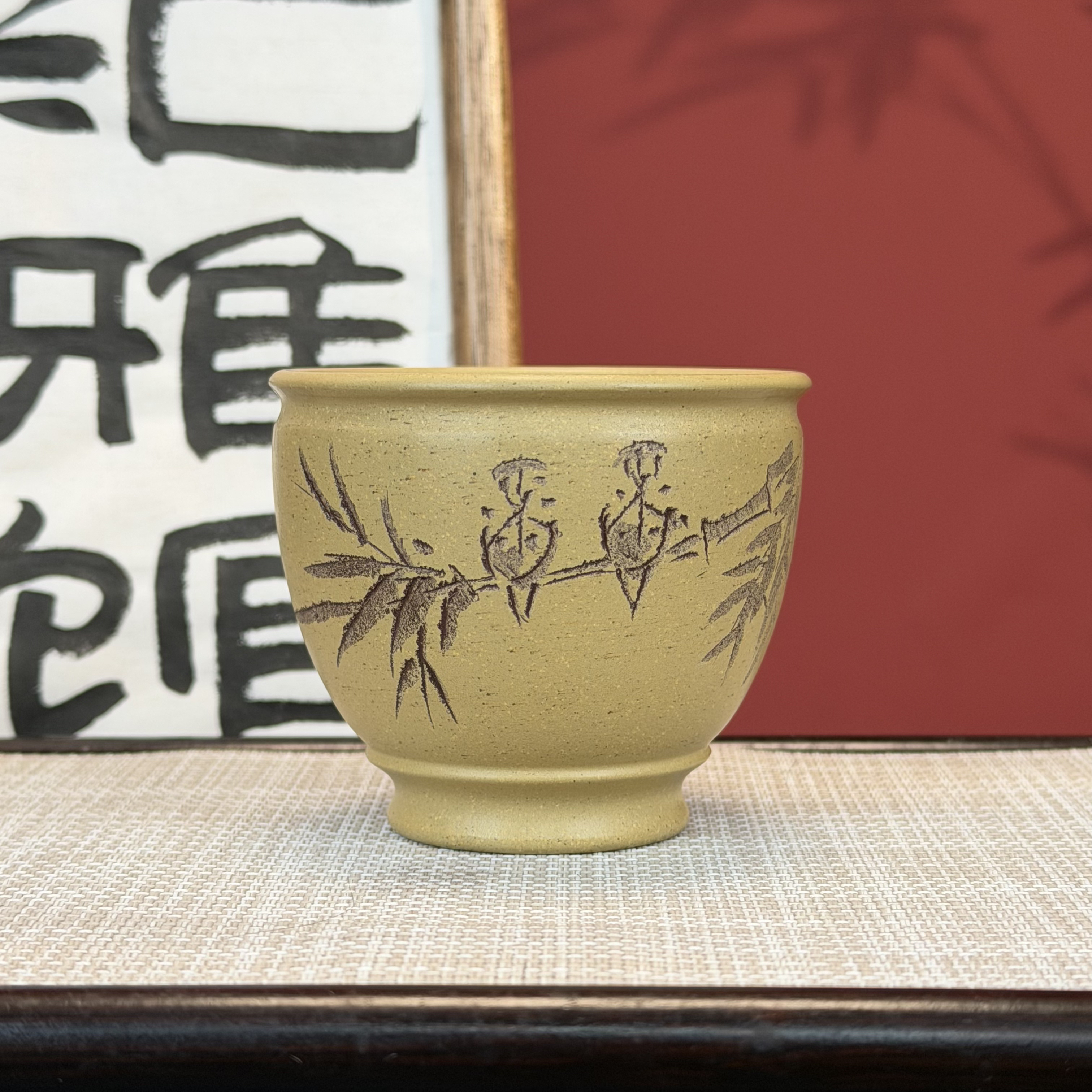 宜兴原矿紫砂本山绿主人杯手工刻绘竹叶鸟趣品茗杯精致家用茶器